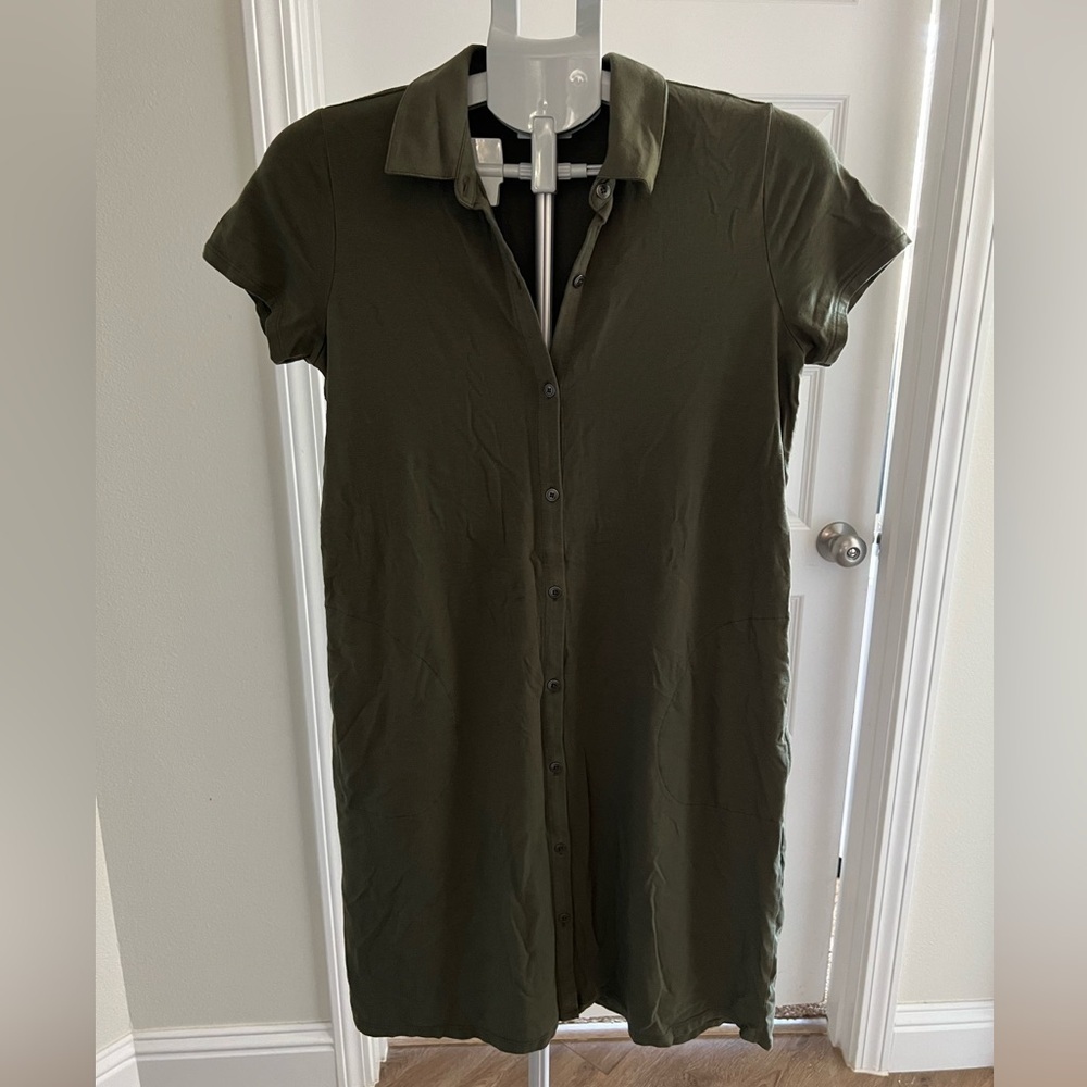 J. Jill Kale Green Knit Button Up Short Sleeve T-Shirt Dress with Pockets